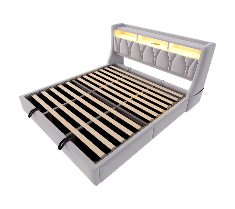 Lit 180x200 Cm Avec Rangement Hydraulique, Tête Relevable Multifonction, LED Et Velours Gris Clair