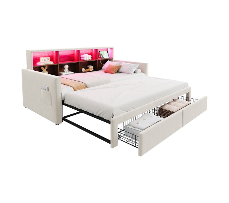Lit Gigogne Extensible 90/180x190 Cm En Velours Beige Avec Rangements, LED Et Prises USB