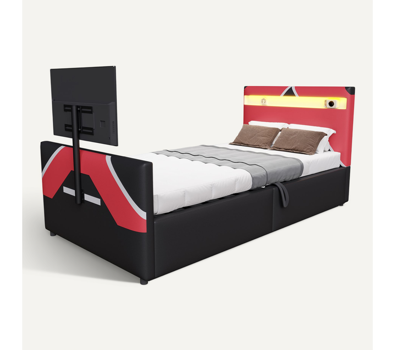 Lit Enfant 90x200 Cm En Pu Rouge Avec LED Multicolore, Rangement Hydraulique Et Support TV Intégré