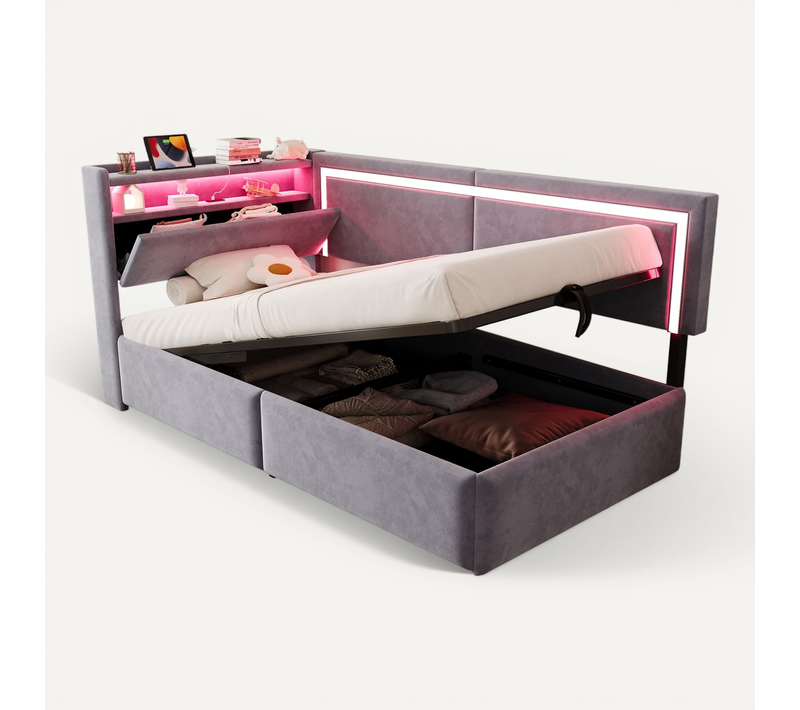 Canapé-lit 90x200 Cm En Velours Gris Clair Avec LED, USB Et Rangement Hydraulique