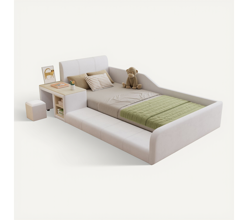 Lit Enfant 90x200 Cm Avec Bureau, Tabouret Et Rangement Intégré En Velours Blanc