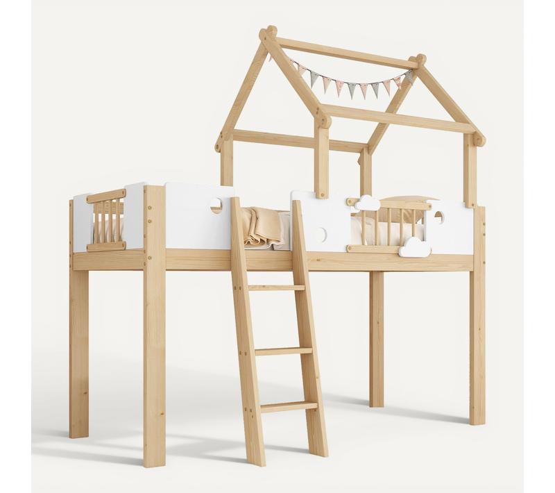 Lit Mezzanine Enfant 90x200 Cm Blanc Et Bois Avec Toit Unique Et Protection Complète