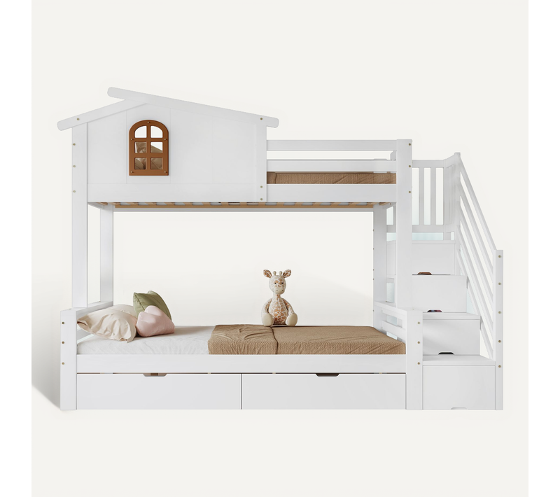 Lit Superposé Enfant 90x200 Et 120x200 Cm Avec Tiroirs, Fenêtres Et Armoire D’angle