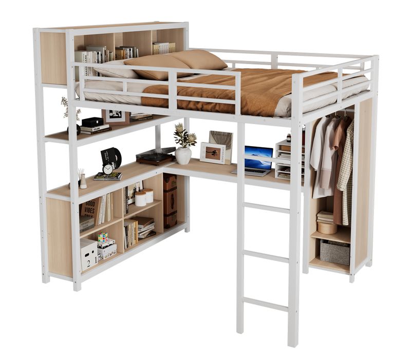 Lit Mezzanine En Métal Avec Rangement Double Et Armoire Intégrée Blanc+nature 140x200cm