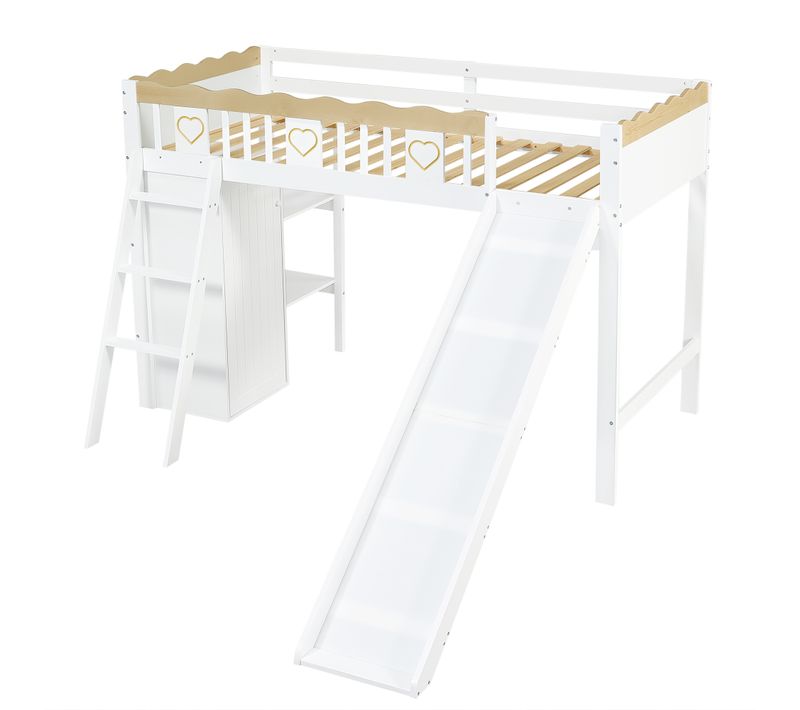 Lit Mezzanine Enfant Avec Toboggan, Rangements Et Garde-corps Décoratif 90x200cm