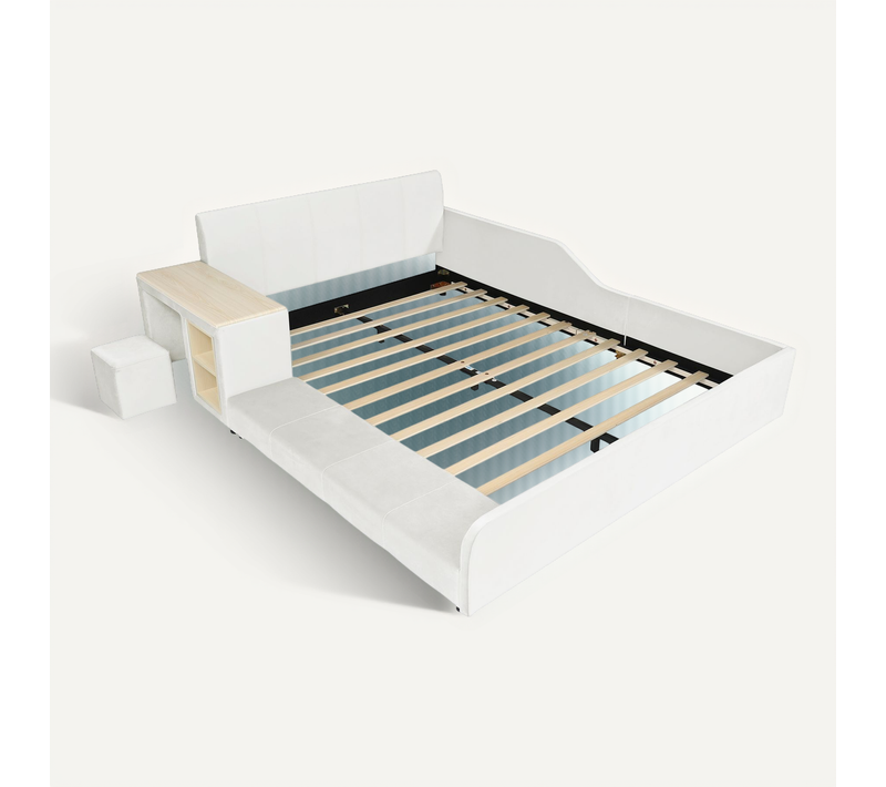 Lit Enfant En Velours Blanc Avec Bureau, Tabouret Et Espace De Rangement 140x200cm