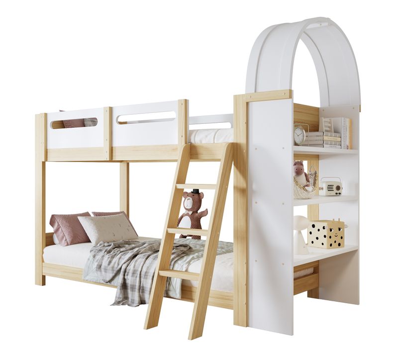 Lit Superposé Enfant Avec Étagère Et Sécurité 90x200cm Blanc + Nature