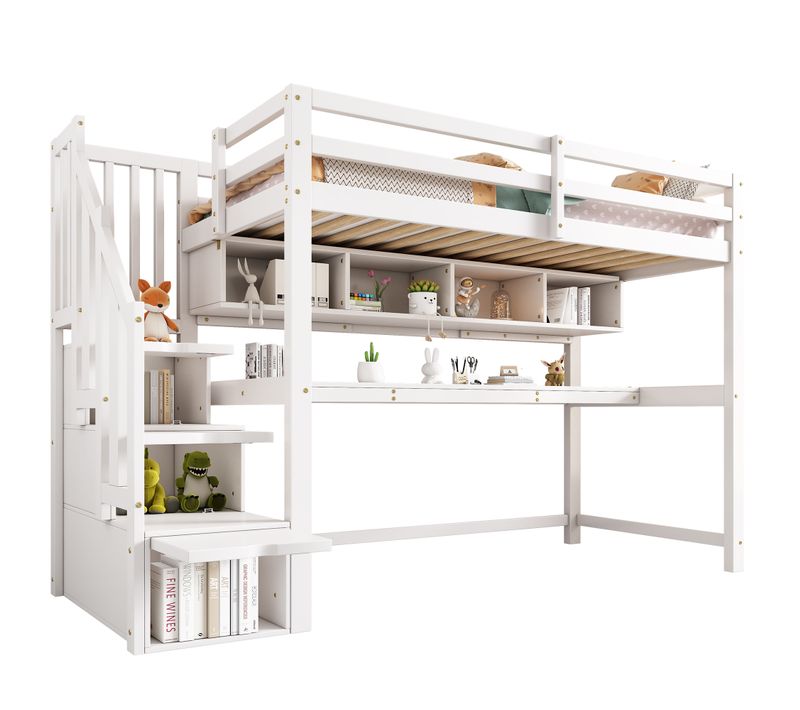 Lit Mezzanine Enfant 90x200 Cm Avec Escalier De Rangement, Bureau Intégré Et étagères, Blanc