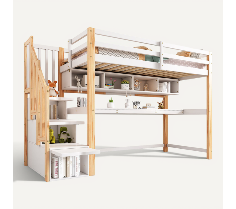 Lit Mezzanine Enfant 90x200 Cm Avec Escalier De Rangement, Bureau Et étagères, Blanc Et Naturel