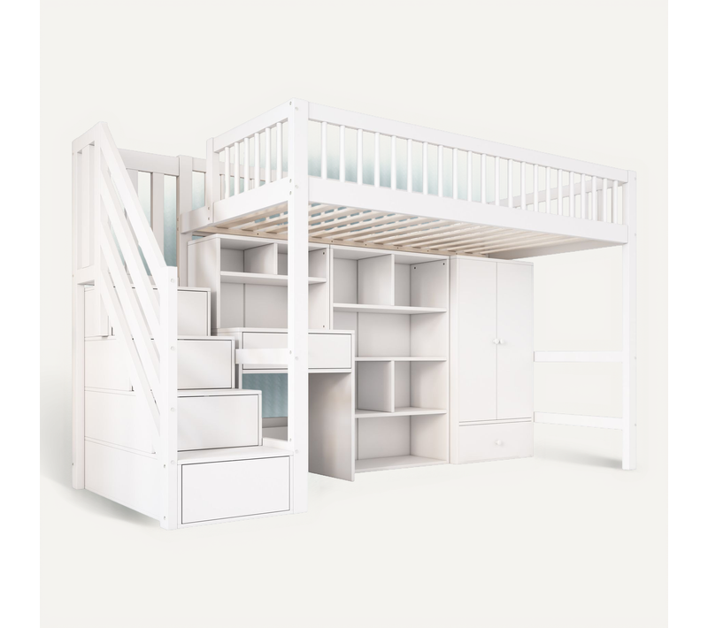 Lit Mezzanine Enfant 90x200 Cm Avec Bureau, Escalier Rangement Et Armoire Intégrée, Blanc