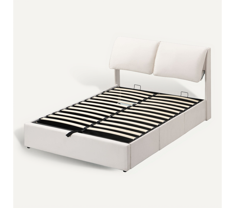 Lit Tapissé 140x190 Cm En Velours Beige Avec Sommier Hydraulique, Coffre De Rangement Et 3 Tiroirs