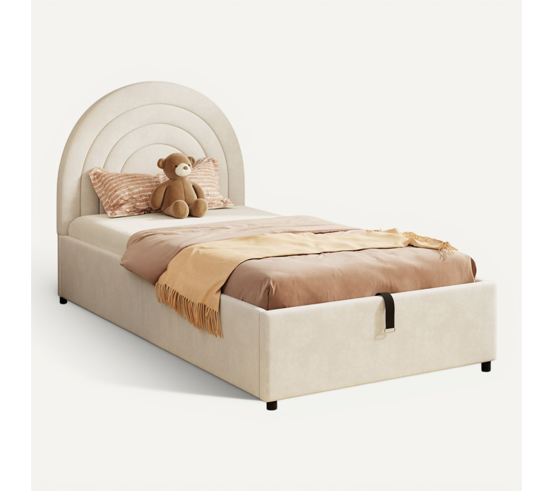 Lit Enfant Et Adolescent 90x200 Beige Avec Sommier Et Coffre Intégré En Velours
