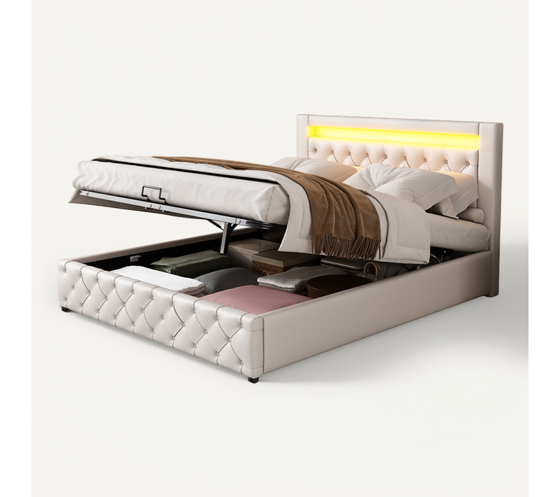 Lit Rembourré 140x190 Blanc En Pu Avec Rangement Hydraulique Et LED
