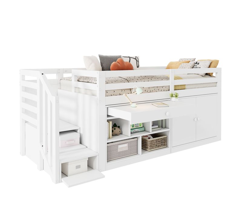 Lit Mi-hauteur Enfant 90x200 Cm Blanc Avec Tiroirs Et Bureau Intégré En Bois