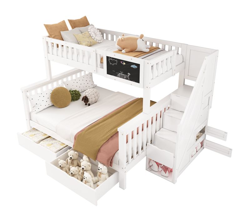 Lit Superposé Enfant 90x200+140x200 Blanc Avec Tableau Et Tiroirs Multifonction