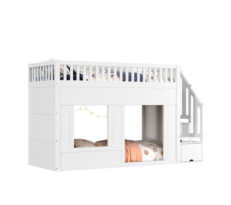 Lit Enfant Mezzanine 90x200 Cm Blanc Avec Escalier Rangement Et Espace Modulable Dessous