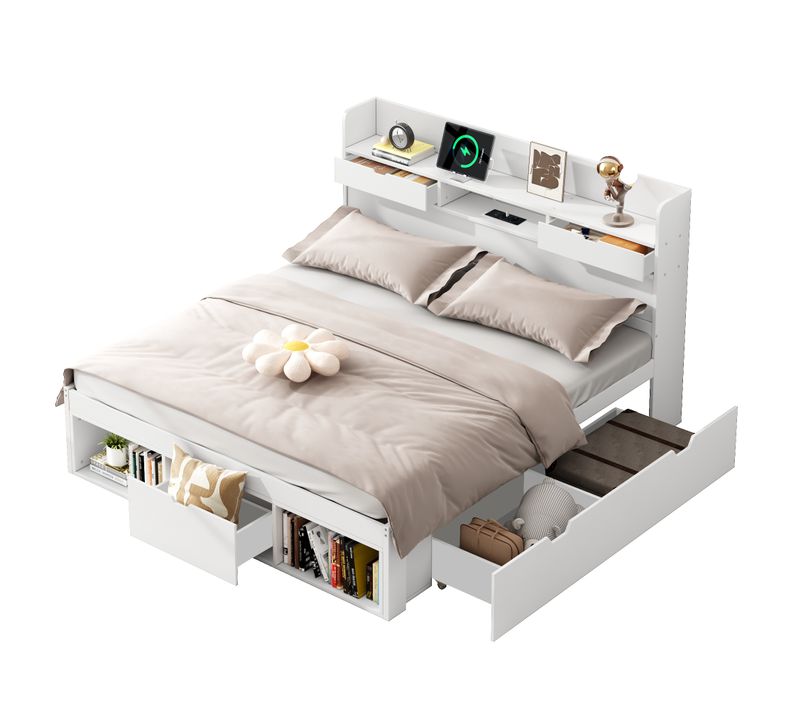 Lit Enfant 135x190 Cm Blanc Multifonction Avec Tiroirs Et Port USB, Grand Espace De Rangement