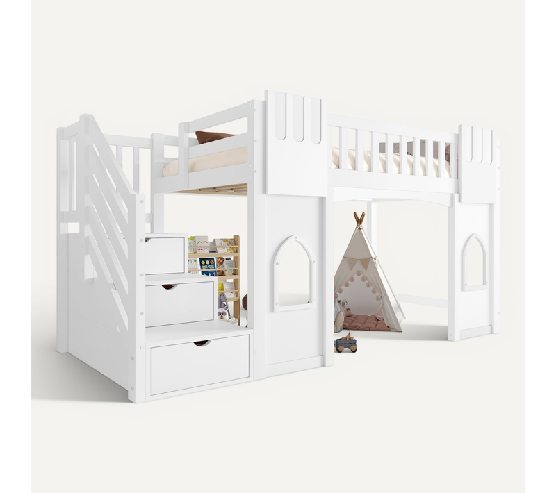Lit Mezzanine 90x200 Cm Avec Escalier Rangement Et Fenêtres Blanc