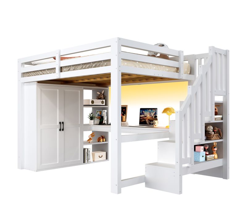 Lit Mezzanine 140x200 Avec Bureau, Étagères, Armoire, Marche De Rangement Et LED Blanc