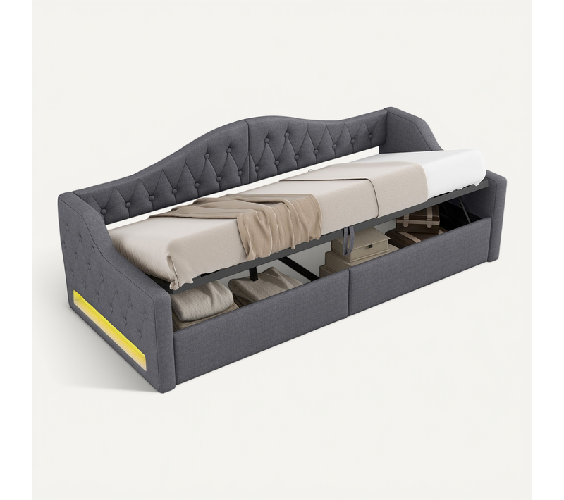 Lit Enfant 90x200 Avec LED, Grand Rangement, Rembourrage En Lin Et Design Gris élégant