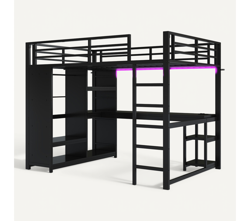 Lit Mezzanine Gaming 140x200 Noir Avec LED, Bureau, Dressing Ouvert Et étagères Intégrées