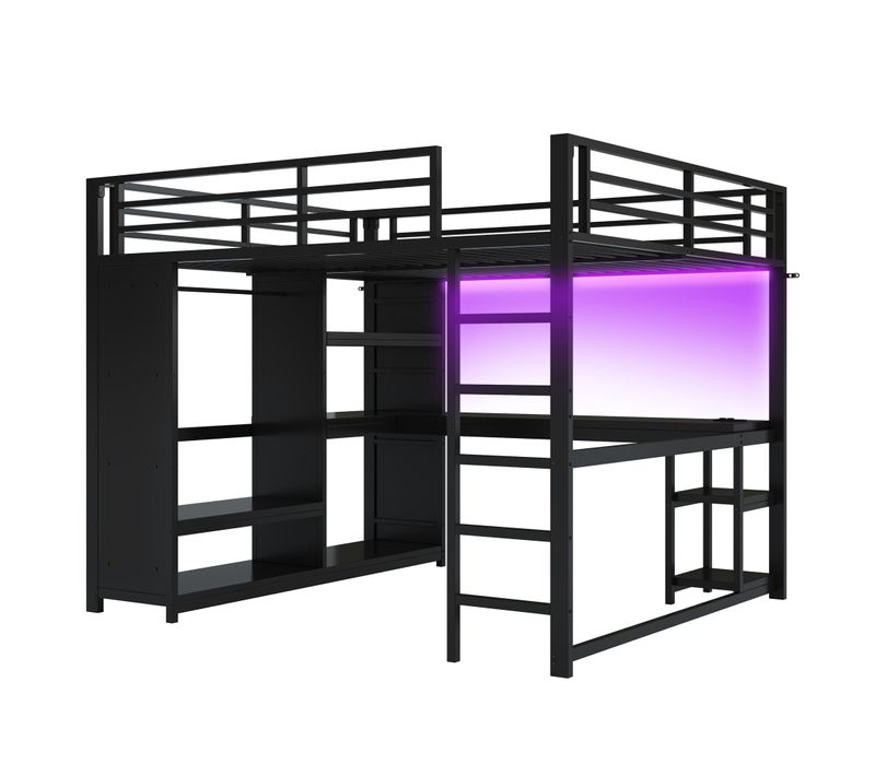 Lit Mezzanine Gaming 160x200 Noir Avec LED, Bureau Spacieux, Dressing Ouvert Et Rangements