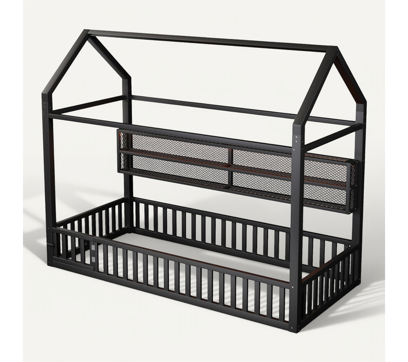 Lit Plateforme Enfant 90x200 Noir En Forme De Maison Avec Barrière Sécurisée Et LED