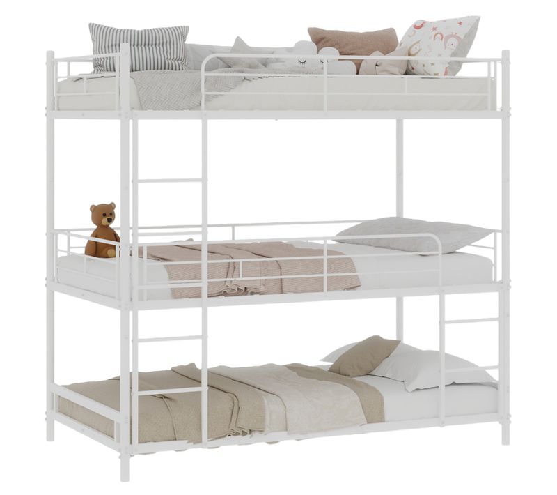 Lit Superposé Triple 90x190 Cm En Métal Blanc Avec échelle Intégrée Et Garde-corps