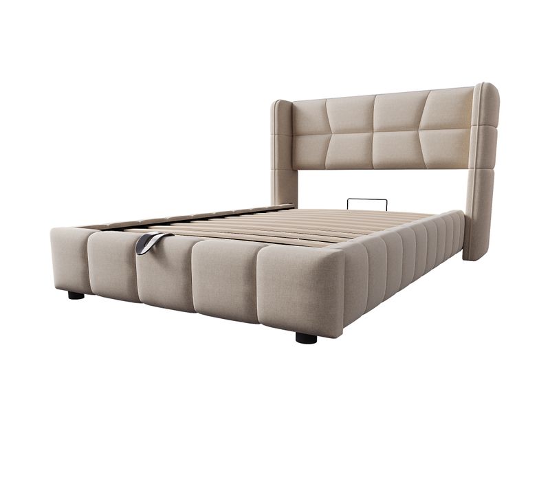 Lit Enfant Capitonné 90x200 Cm Avec Sommier Et Coffre De Rangement à Vérin, Cadre En Lin Beige