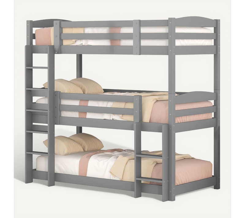 Lit Superposé Triple Enfant 90x200 Cm En Bois Gris, Structure Sécurisée Avec échelles Intégrées