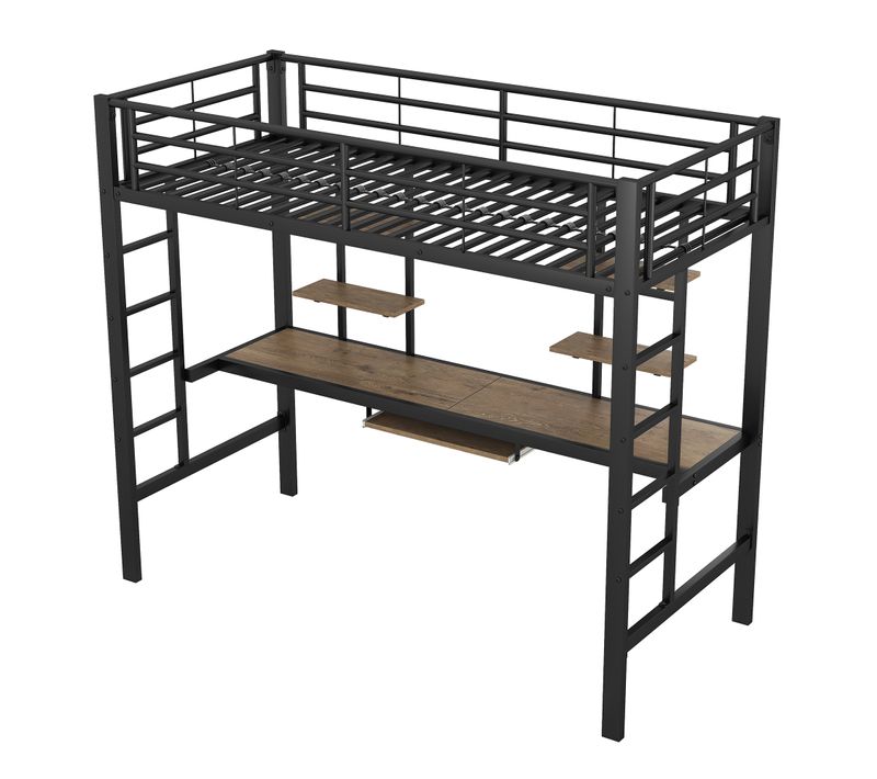 Lit Mezzanine En Métal 90x200 Cm Noir Avec Bureau Intégré, Double Bibliothèque Et Échelle Sécurisée