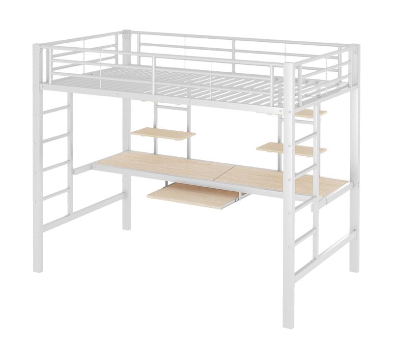 Lit Mezzanine En Métal 90x200 Cm Blanc Avec Bureau Intégré, Double Bibliothèque Et échelle Sécurisée