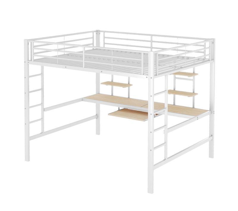Lit Mezzanine Métal 140x200 Cm Blanc Avec Bureau Intégré Et Étagères Pour Enfants