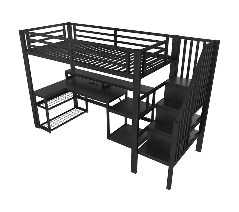 Lit Mezzanine 90x200 Cm Métal Noir Avec Bureau, LED Et Rangements Intégrés