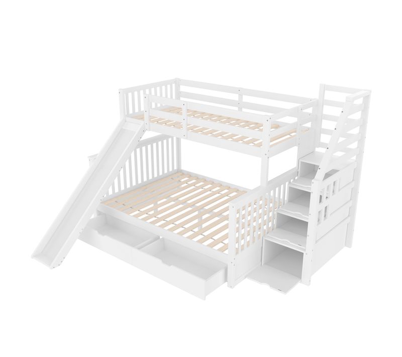 Lit Superposé Multifonction 90x200/140x200 Avec Tiroirs, Rangement Et Toboggan, Bois Blanc
