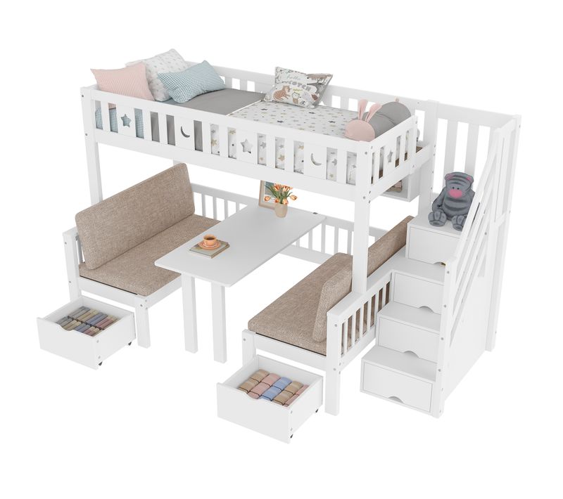 Lit Mezzanine Multifonction 90x200 Avec Bureau, Rangement Et Décor Étoiles, Bois Blanc