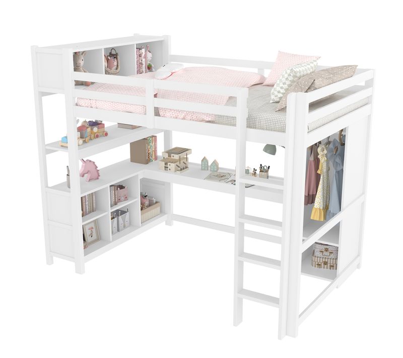 Lit Mezzanine 140x200 Avec Bureau, étagères Et Armoire Intégrés, Design Multifonction Blanc