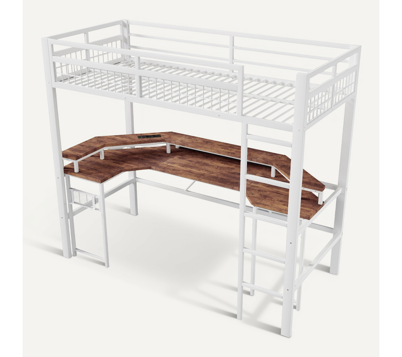 Lit Mezzanine 90x200 En Métal Avec LED Multicolore, Bureau Intégré Et Connectivité Complète, Blanc