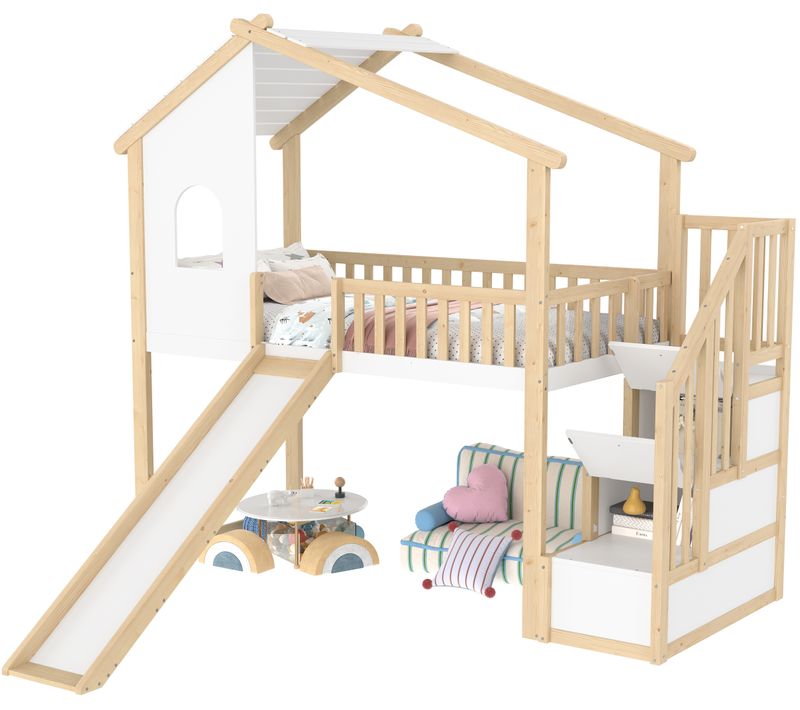 Lit Mezzanine 90x200 En Bois Naturel Avec Cabane, Toboggan Et Rangements Intégrés, Blanc