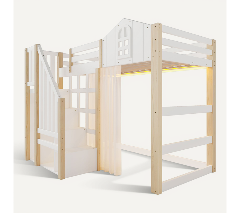 Lit Mezzanine 90x200 Avec LED, Forme Château, échelle De Rangement Et Moustiquaire, Naturel/blanc
