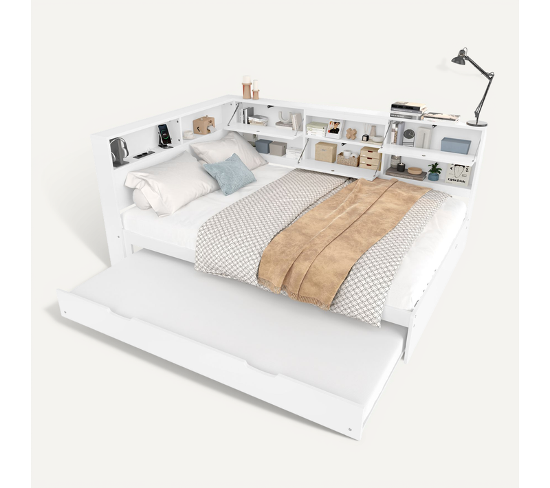Lit Gigogne 140x200 Avec Tête De Lit Rangement, Lit Escamotable Et Design Blanc élégant