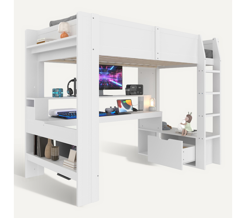 Lit Mezzanine 90x200 Pour Gamer Avec Bureau, LED Multicolores Et Rangements Intégrés Blanc