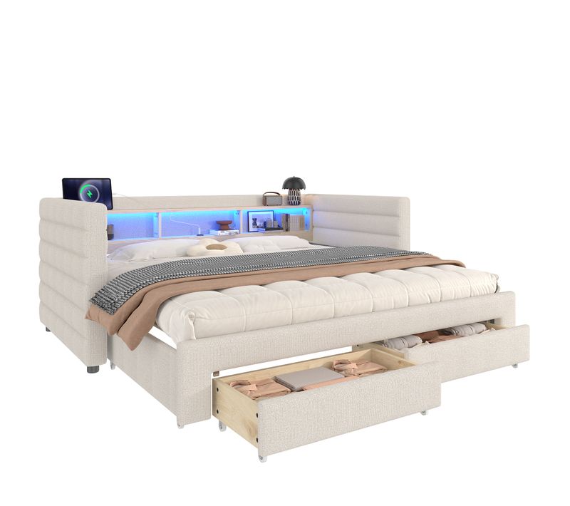 Lit Gigogne 90x190 Cm En Velours Beige Avec LED Intégrée
