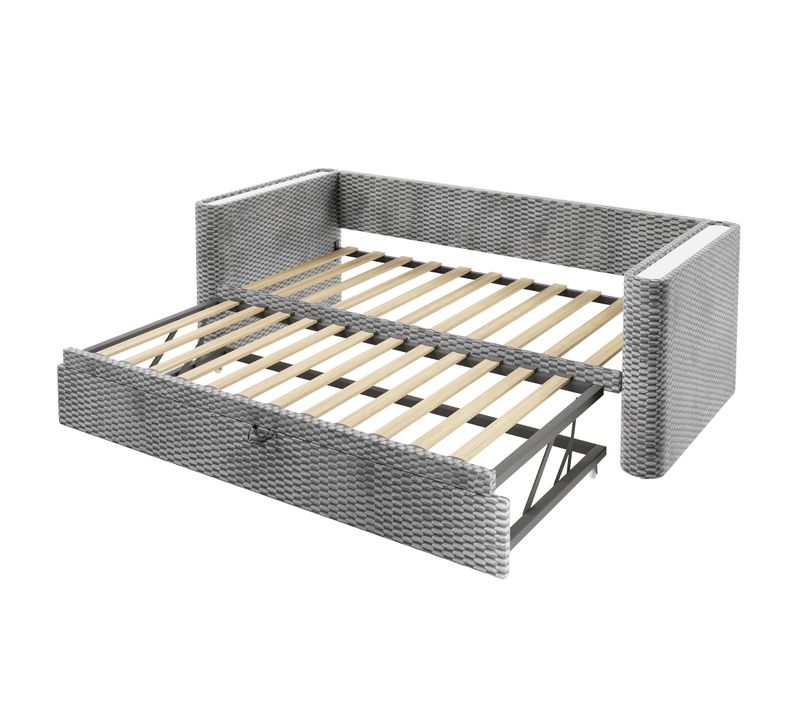 Lit Gigogne 90x200 Cm En Velours Gris Avec Tiroir Extensible 180x200 Cm Et Bande LED