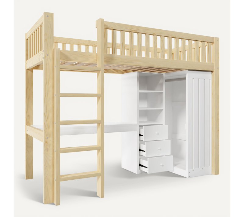 Lit Mezzanine 90x200 Cm Avec Bureau, Armoire, 3 Tiroirs Et Espace Ouvert, Nature