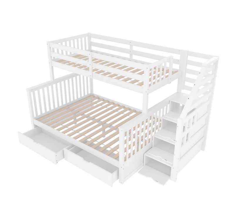 Lit Superposé 90x200 / 140x200 Avec Tiroirs Et Rangement, Multifonctionnel, Blanc, Sécurité Enfant