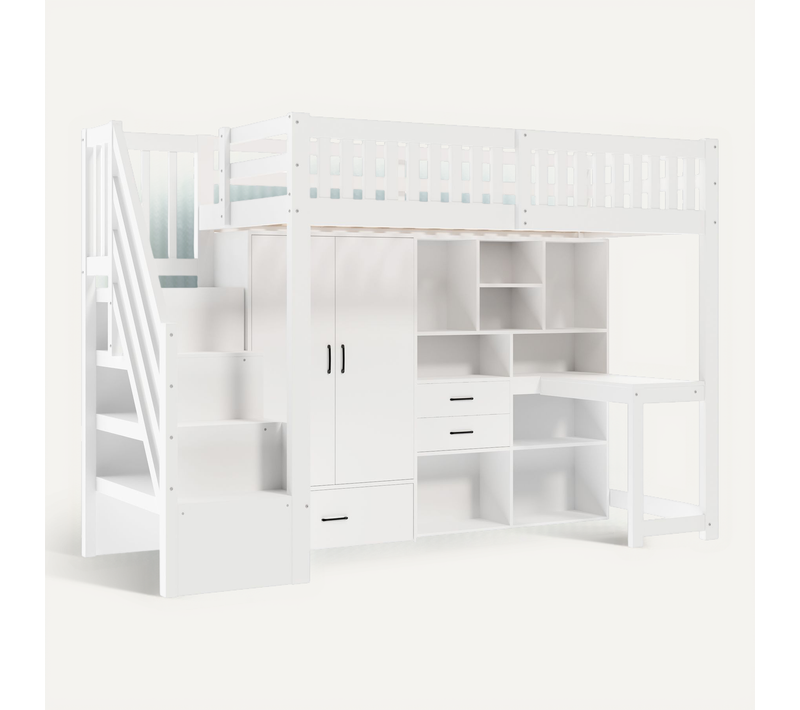 Lit Mezzanine 90 X 200 Cm Avec Bureau, Armoire Et Rangements Intégrés, Multifonctionnel, Blanc