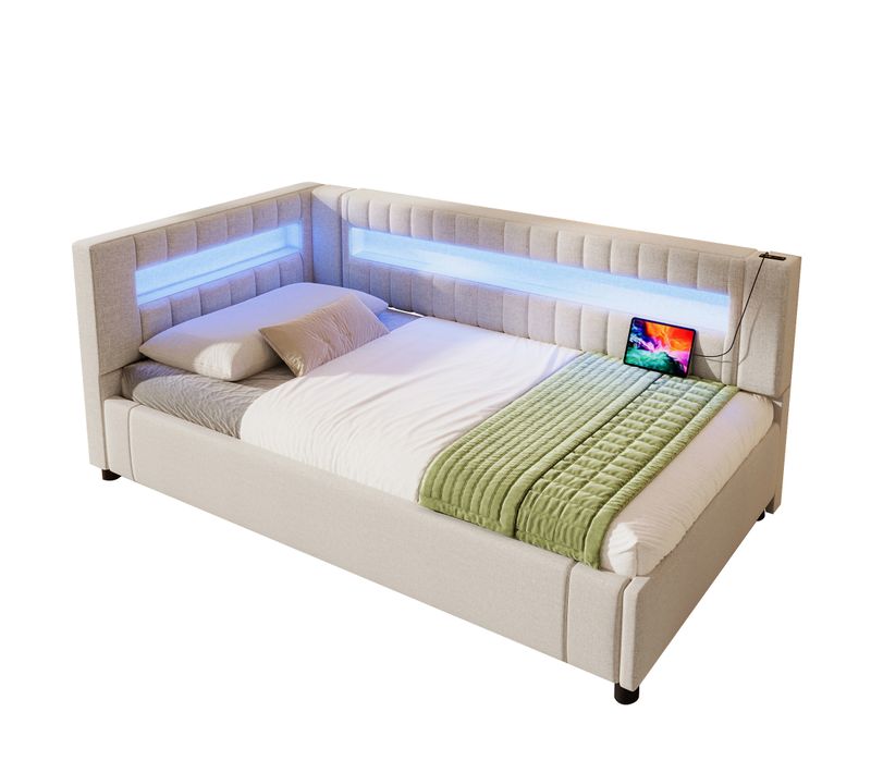 Lit Enfant 90x200 Cm En Lin Beige Avec LED, Rangement Hydraulique Et Ports USB + Type-c