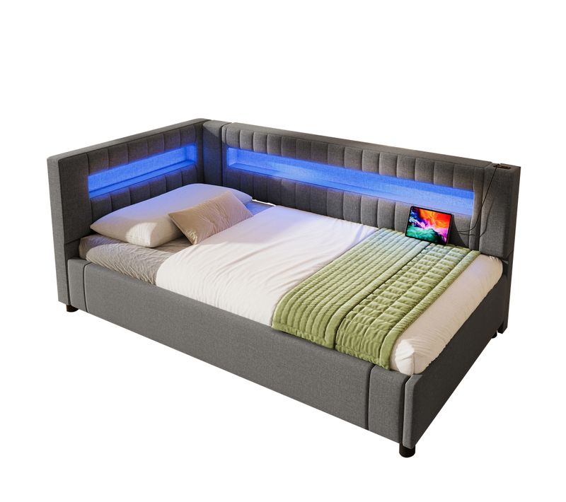 Lit Enfant 90x200 Cm En Lin Gris Avec LED, Rangement Hydraulique Et Ports USB + Type-c