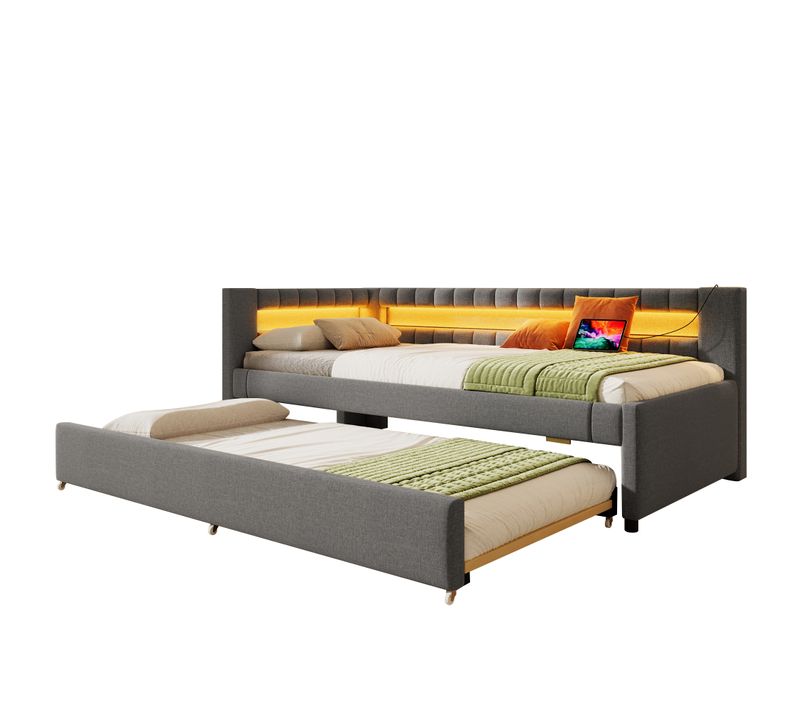Lit Gigogne 90x200 Cm En Lin Gris Avec LED, Tiroir Extensible Et Ports USB + Type-c